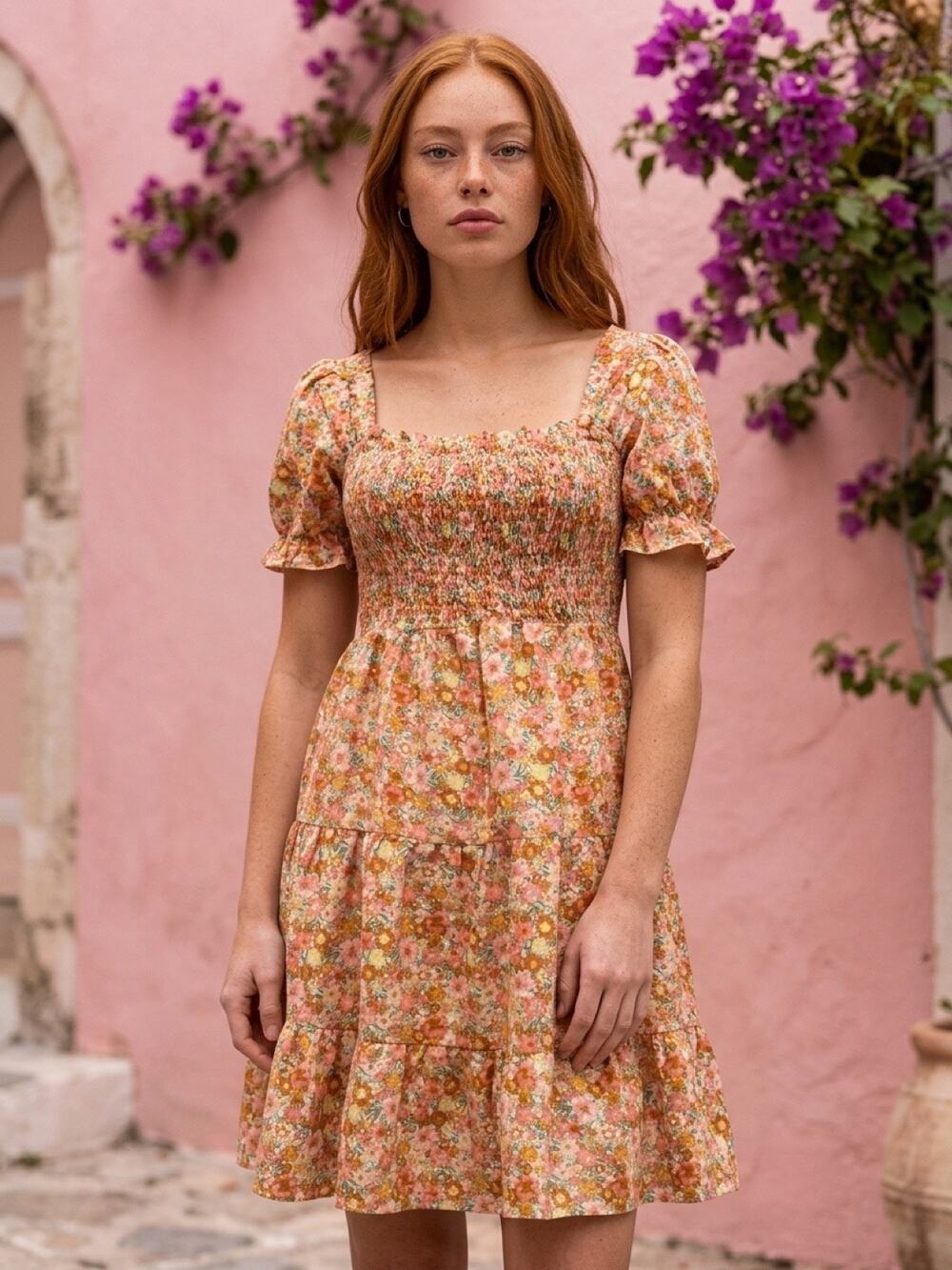 Hint of Blush Peachy Pink Floral Dress Size Medium Smocked Bodice Puff Sleeves